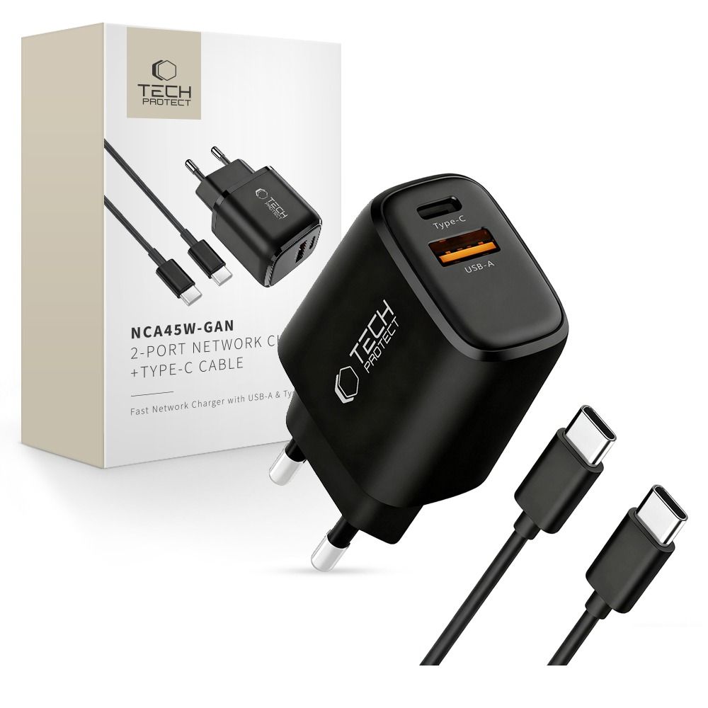 Levně TECH-PROTECT NCA45W-GAN 2-PORT Síťová nabíječka + kabel USB Typ-C černá