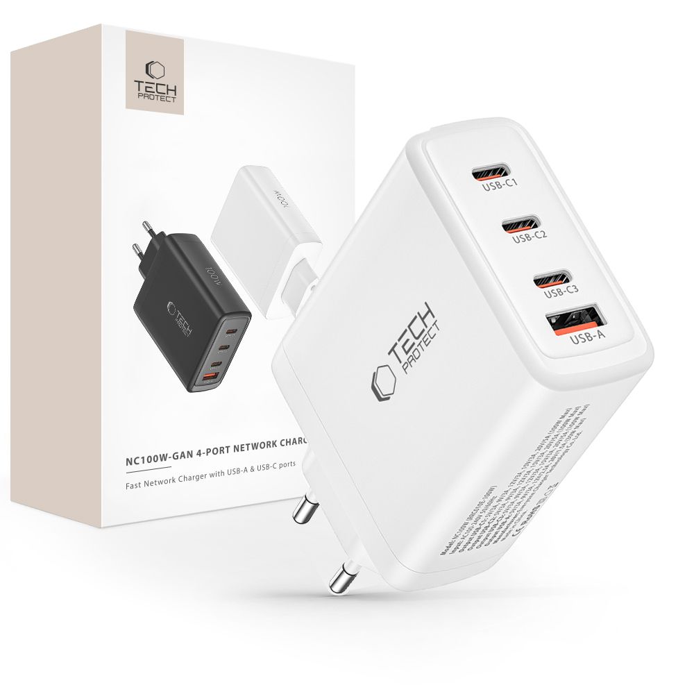 Levně TECH-PROTECT NC100W-GAN 4-PORT Síťová nabíječka PD100W bílá