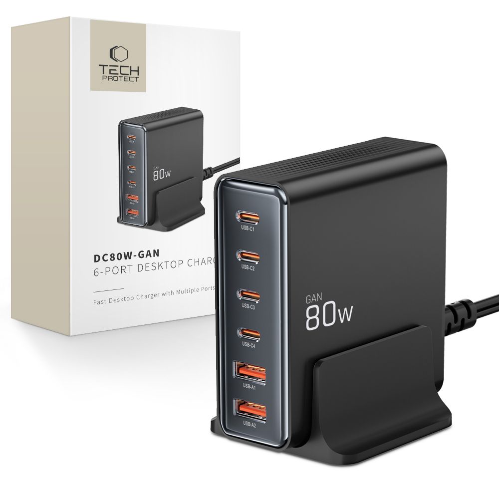 Levně TECH-PROTECT DC80W-GAN 6-PORT Síťová nabíječka černá