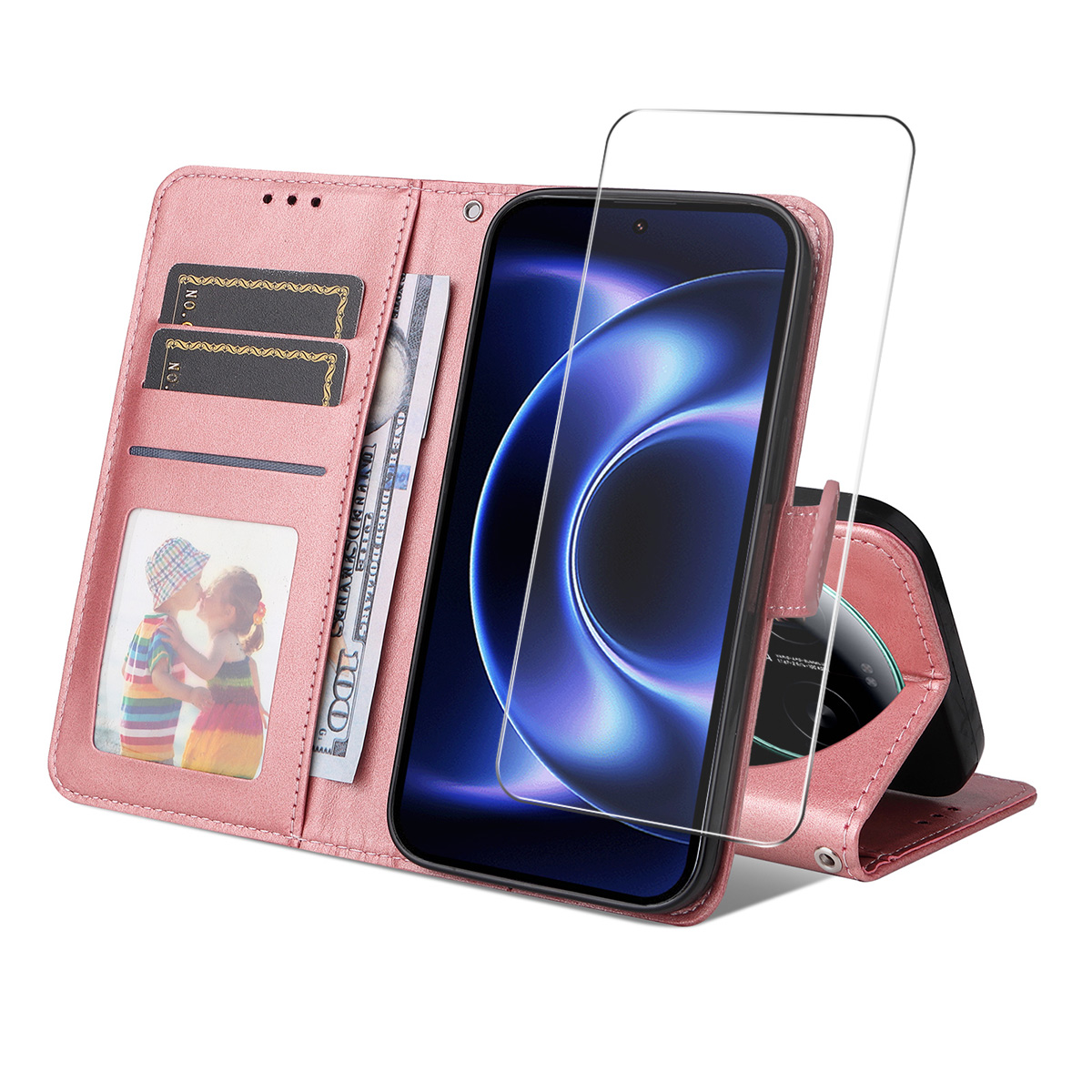 Levně ENKAY PREMIUM SET Peněženkové pouzdro a ochranné sklo Xiaomi 17 Ultra růžové