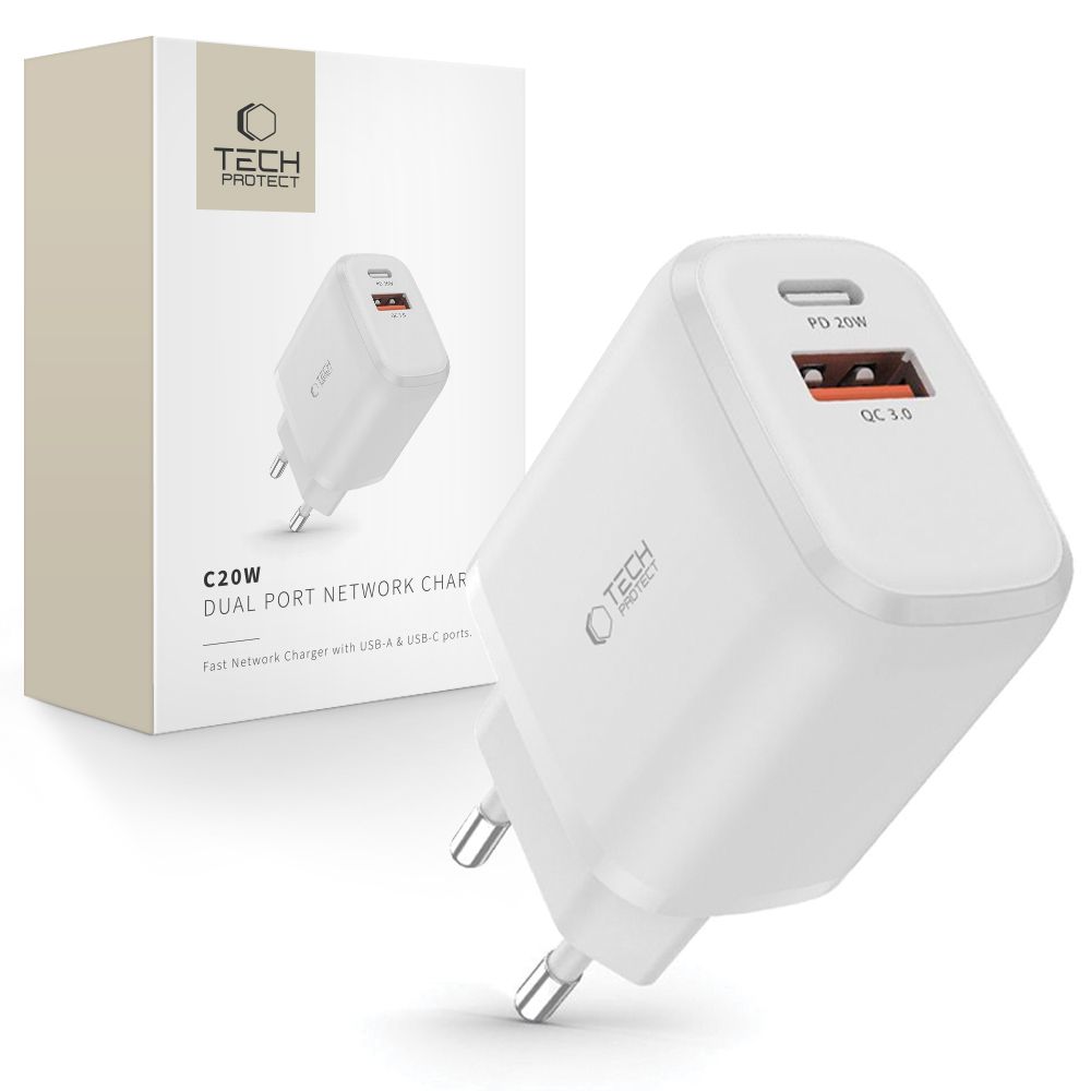 Levně TECH-PROTECT C20W Síťová nabíječka USB Typ-C / USB-A bílá