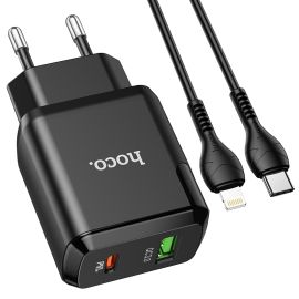 HOCO N5 Síťová nabíječka USB / USB Typ-C + Lightning kabel černá