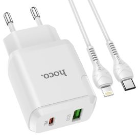 HOCO N5 Síťová nabíječka USB / USB Typ-C + Lightning kabel bílá