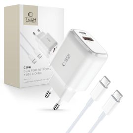 TECH-PROTECT C20W 2-PORT Síťová nabíječka + kabel USB Typ-C WHITE