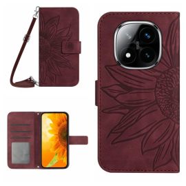 ART SUNFLOWER Peněženkový obal se šňůrkou pro Xiaomi Redmi Note 14 Pro bordó