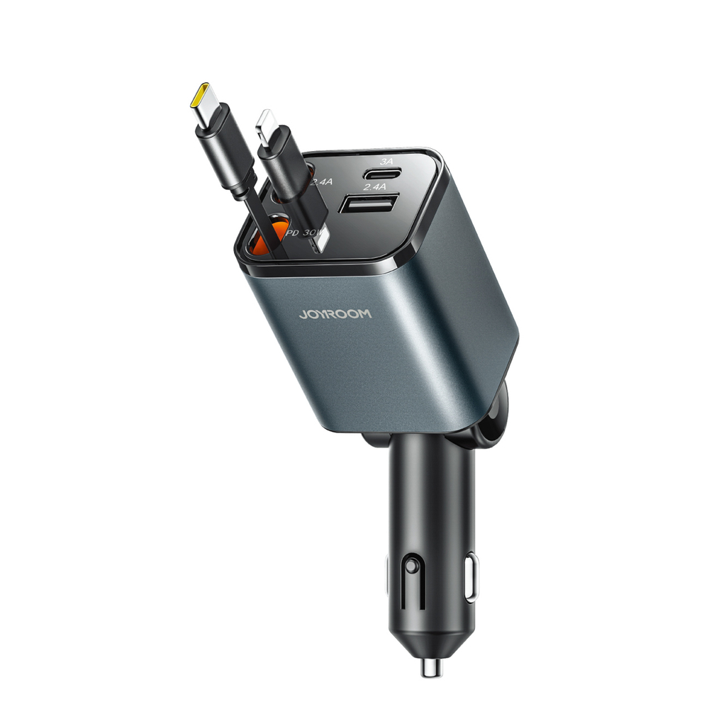 Levně JOYROOM JR-CCL05 30W 4v1 Nabíječka do auta s integrovanými kabely USB-C / Lightning tmavě šedá