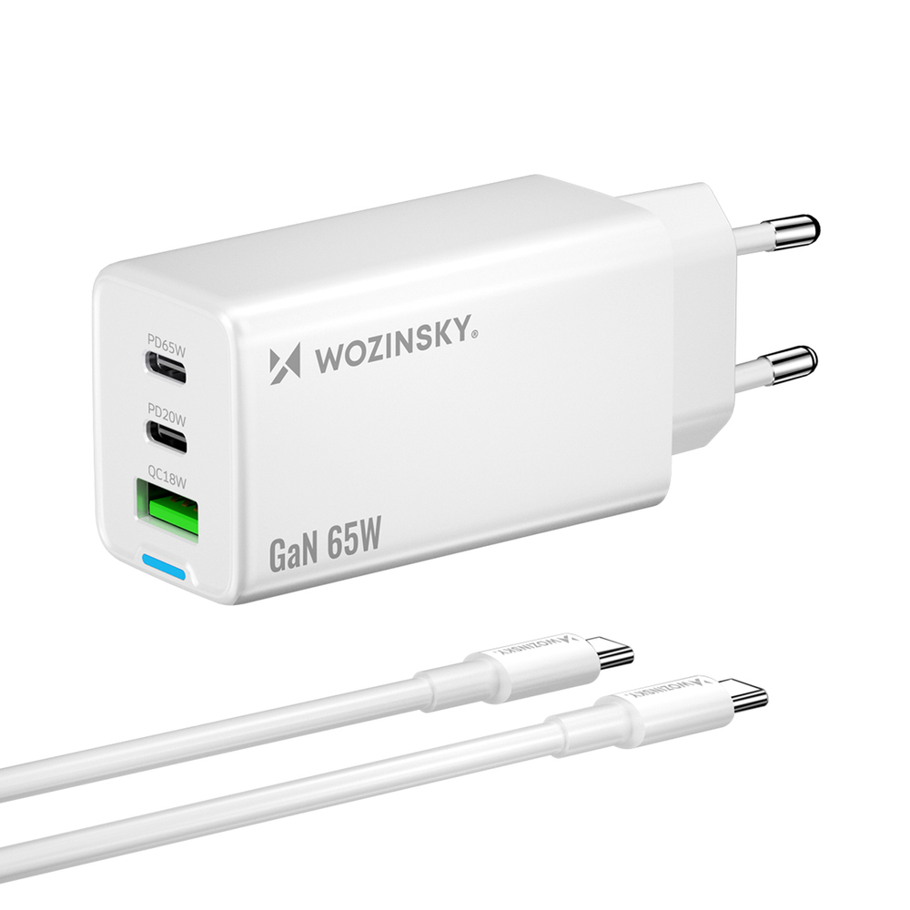 Levně WOZINSKY GaN 65W Síťová nabíječka s kabelem USB-C bílá
