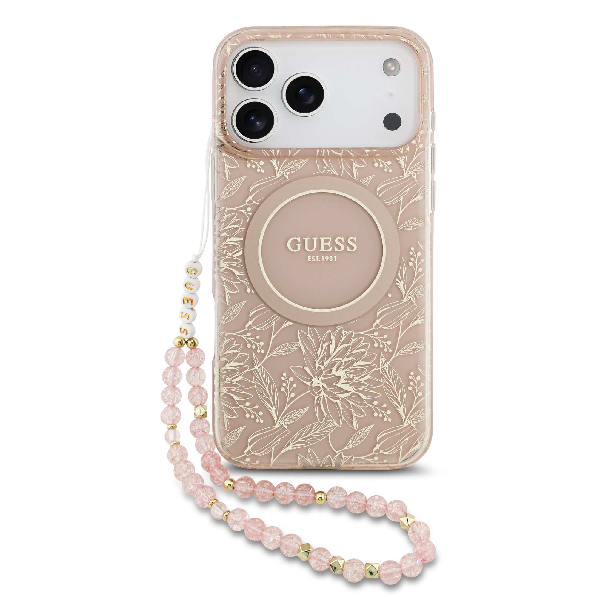 Levně GUESS IML FLOWER STRAP Ochranný kryt Apple iPhone 17 Pro Max RŮŽOVÁ GOLD