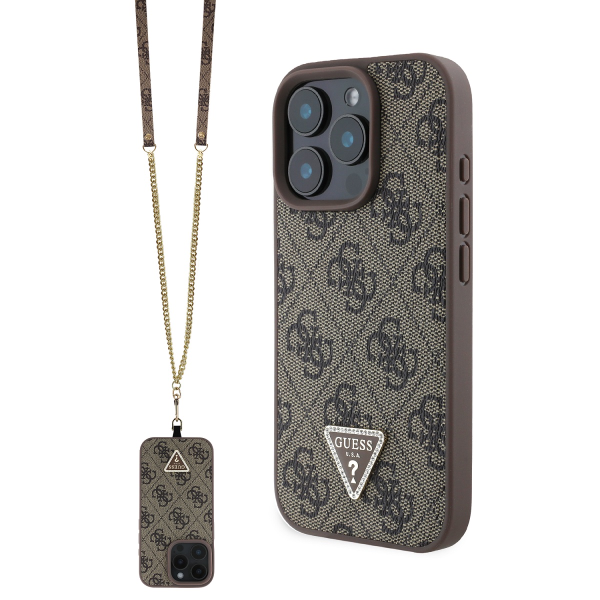 GUESS 89263 GUESS 4G STRASS SET Ochranný kryt + řemínek pro Apple iPhone 16 Pro hnědý