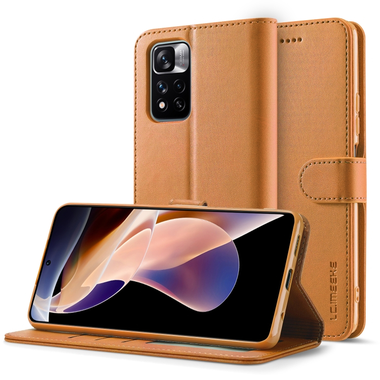 Levně IMEEKE Peněženkový kryt Xiaomi Redmi Note 11 Pro + 5G světle hnědý