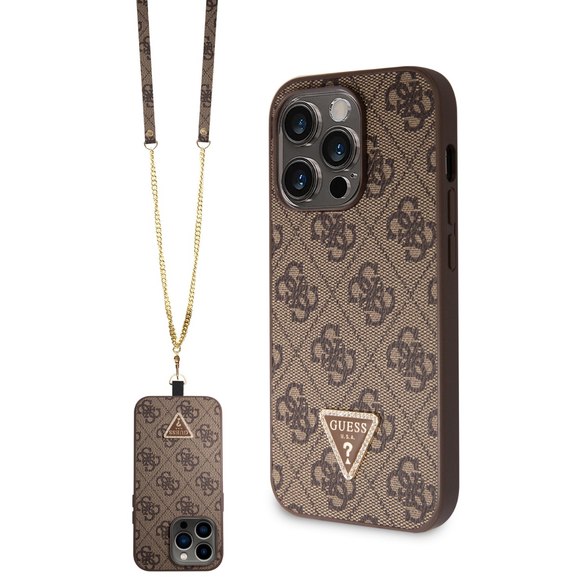 GUESS 64919 GUESS 4G STRASS SET Ochranný kryt + řemínek pro Apple iPhone 15 Pro hnědý